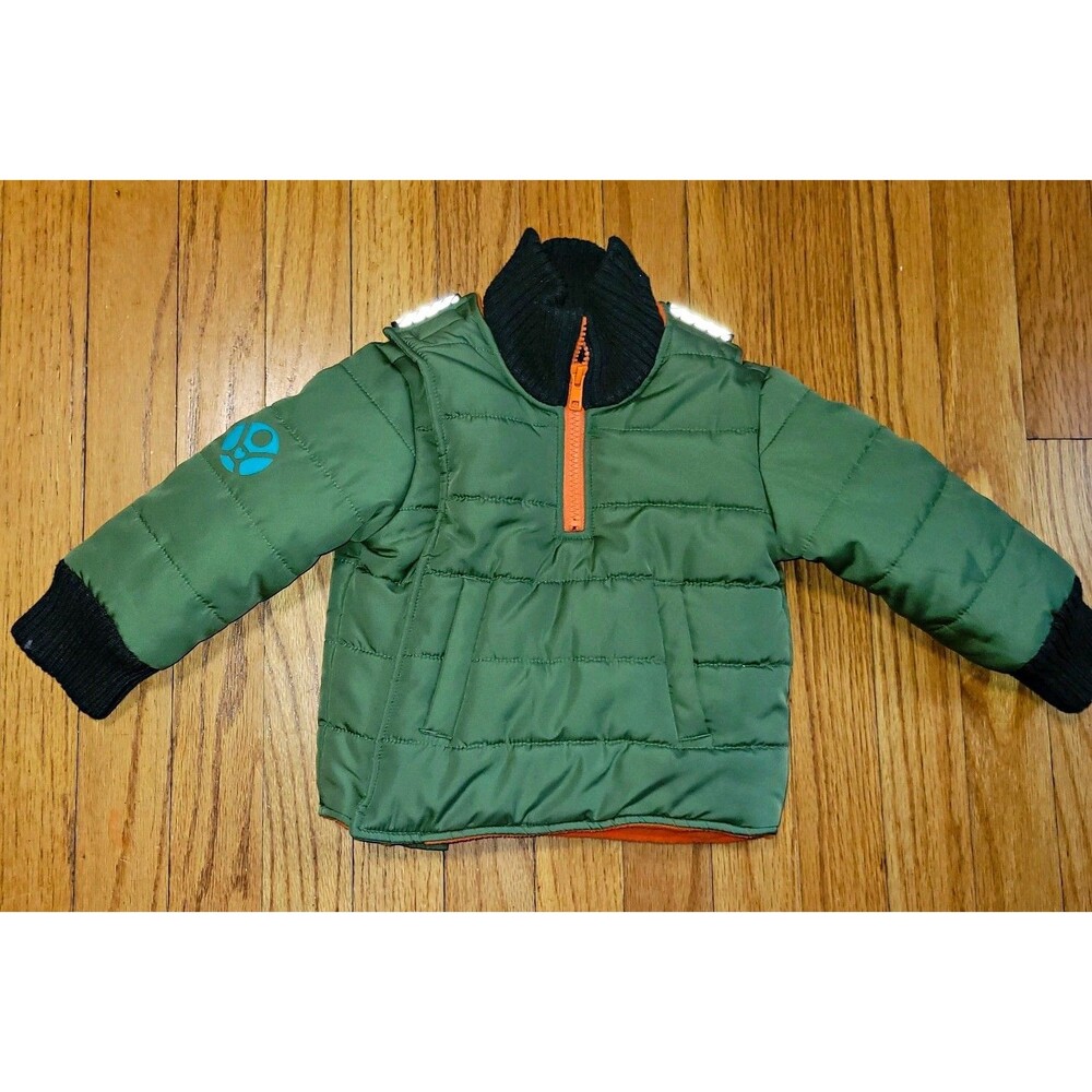 EUC Buckle Me Baby Green Puffer Jacket Fleece Lined Full Zip Orange 9-12M
